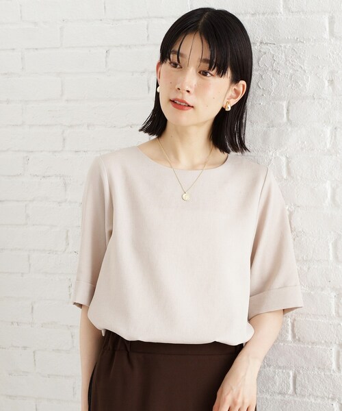 THE SHOP TK （ザ ショップ ティーケー ）の「麻調メッシュブラウス【二の腕カバー/洗える】（シャツ/ブラウス・レディース・オレンジ/ベージュ/スミクロ/ダークグリーン・13/12）」の2枚目の写真