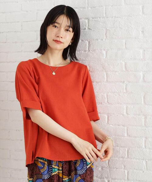 THE SHOP TK （ザ ショップ ティーケー ）の「麻調メッシュブラウス【二の腕カバー/洗える】（シャツ/ブラウス・レディース・オレンジ/ベージュ/スミクロ/ダークグリーン・13/12）」の4枚目の写真