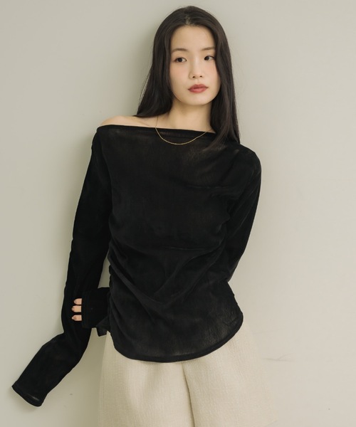 NEUNA（ヌナ）の「シアーベロアドレープトップス（Tシャツ/カットソー・レディース・ブラック/アイボリー/チャコールグレー・FREE）」の7枚目の写真