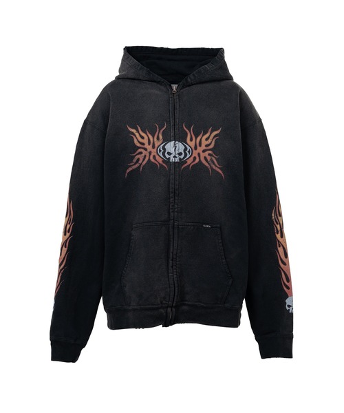 セール】“Skull Flame”Distressed Zip-up Hoodie（スウェット