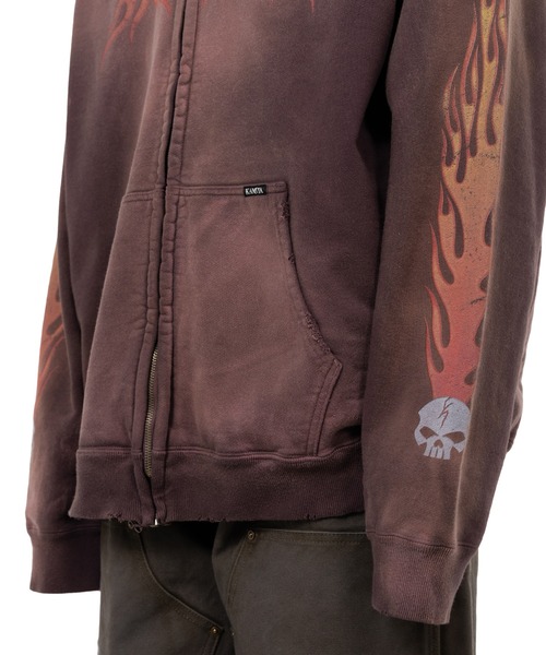 KAMIYA(カミヤ)の「“Skull Flame”Distressed Zip-up Hoodie(スウェット・メンズ・ブラック/ブラウン/ホワイト・L/M/S)」の5枚目の写真