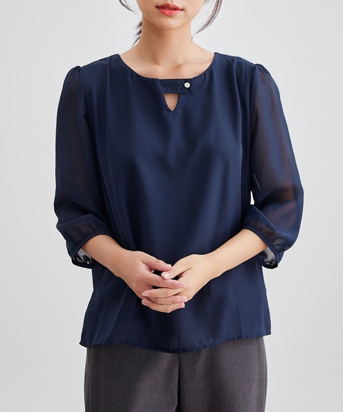 Lace Ladies(レースレディース)の「ボタン付き キーネック 7分袖 シフォン ブラウス(シャツ/ブラウス・レディース・グレー/ブラック/ネイビー/ホワイト・S/FREE)」の4枚目の写真