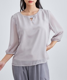 ボタン付き キーネック 7分袖 シフォン ブラウス