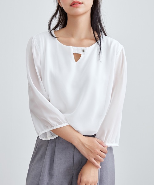 Lace Ladies(レースレディース)の「ボタン付き キーネック 7分袖 シフォン ブラウス(シャツ/ブラウス・レディース・グレー/ブラック/ネイビー/ホワイト・S/FREE)」の2枚目の写真