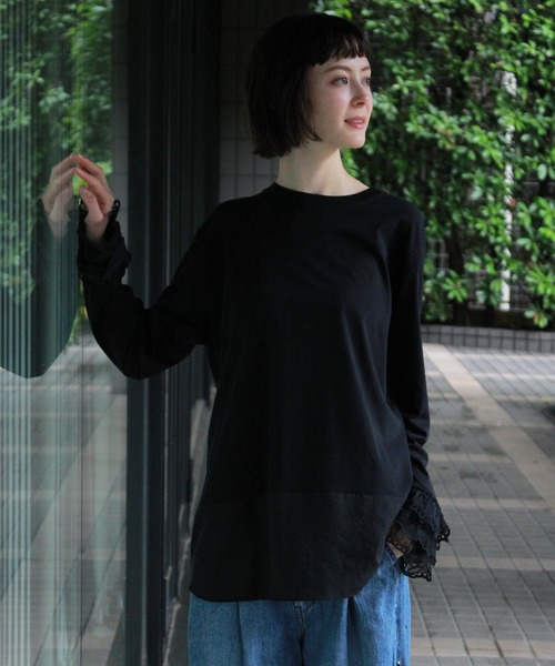 H.A.K（ハク）の「サイロプレミアム天竺＋チュールレースインナーブラウス（Tシャツ/カットソー・レディース・カーキ/ブラック/ホワイト・FREE）」の2枚目の写真