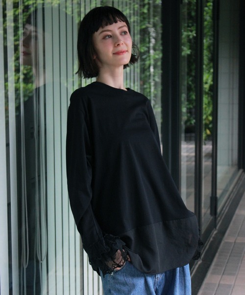 H.A.K（ハク）の「サイロプレミアム天竺＋チュールレースインナーブラウス（Tシャツ/カットソー・レディース・カーキ/ブラック/ホワイト・FREE）」の5枚目の写真