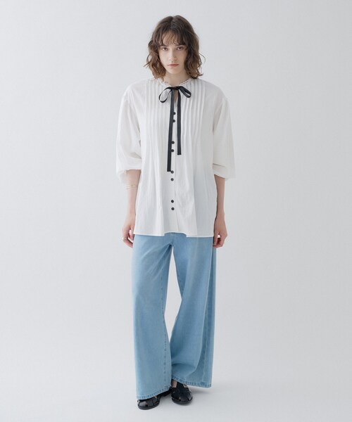 cloenc（クロエンス）の「【マシンウォッシュ】リボンピンタックブラウス（シャツ/ブラウス・レディース・ホワイト/ブラック/サックスブルー・02）」の4枚目の写真