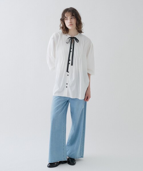 cloenc（クロエンス）の「【マシンウォッシュ】リボンピンタックブラウス（シャツ/ブラウス・レディース・ホワイト/ブラック/サックスブルー・02）」の5枚目の写真