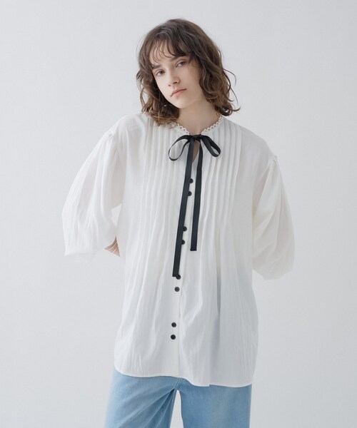 cloenc（クロエンス）の「【マシンウォッシュ】リボンピンタックブラウス（シャツ/ブラウス・レディース・ホワイト/ブラック/サックスブルー・02）」の7枚目の写真