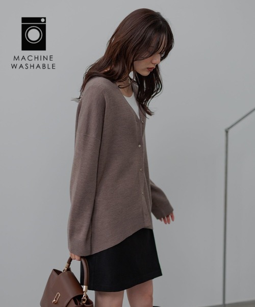 Andemiu（アンデミュウ）の「【洗える】メリノウールロングVカーディガン491830（カーディガン/ボレロ・レディース・ブラウン/オフホワイト/チャコールグレー・FREE）」の3枚目の写真