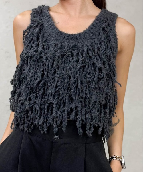 Per sist ence(パーシエンス)の「フリンジニットビスチェ(ベスト・レディース・チャコールグレー/ブラウン/アイボリー・ONE SIZE)」の6枚目の写真