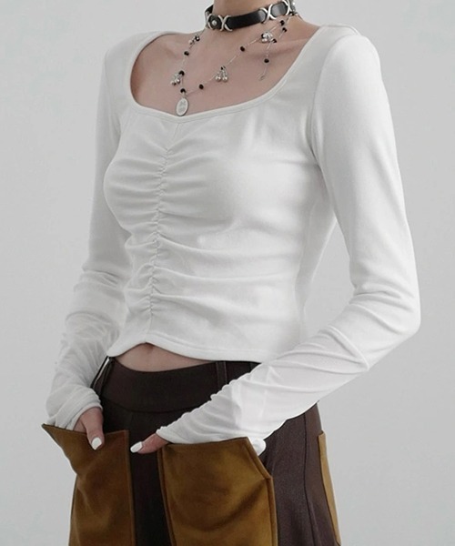 chuclla（チュクラ）の「【CHENTAITAI】コンビスリーブ ギャザートップ CTW25a019（Tシャツ/カットソー・レディース・ホワイト/ブラック・M）」の2枚目の写真