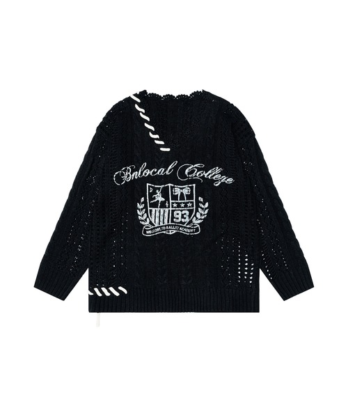 セール】HOOK for girls 透かし編み カレッジロゴ刺繍 Vネックニット
