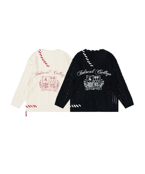 HOOK（フック）の「HOOK for girls　透かし編み カレッジロゴ刺繍 Vネックニット クロスステッチデザイン（ニット/セーター・レディース・ブラック/ライトベージュ・MEDIUM/SMALL）」の4枚目の写真