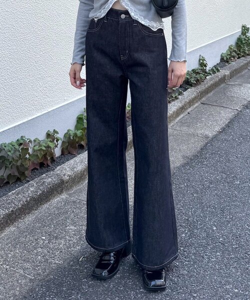 mline（エムライン）の「[mline]ノンウォッシュ バギーデニム（デニムパンツ・レディース・ネイビー・1/2）」の4枚目の写真