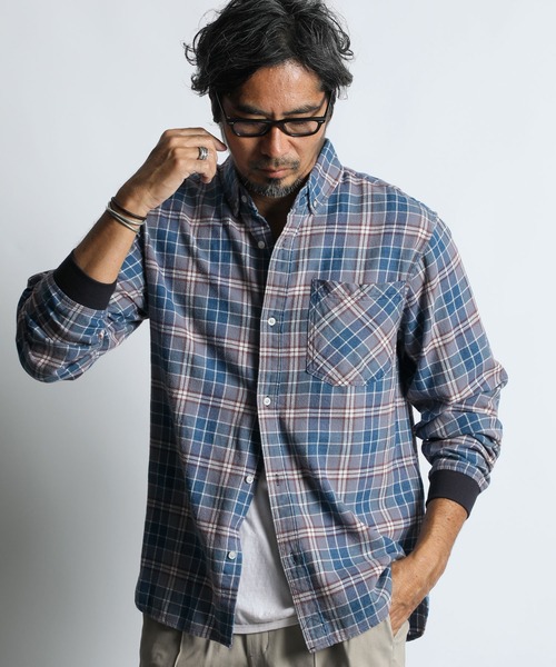The DUFFER of ST.GEORGE（ザダファーオブセントジョージ）の「[INDIGO LABEL] INDIGO CHECK RIBBED SHIRT：インディゴチェック リブ袖シャツ（シャツ/ブラウス・メンズ・ネイビー/グレー・X-LARGE/LARGE/MEDIUM/SMALL）」の3枚目の写真
