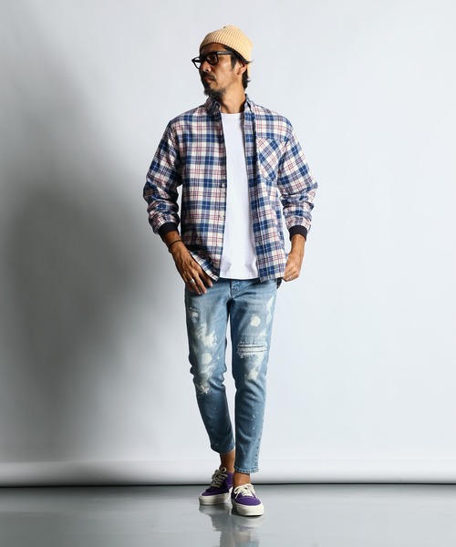 The DUFFER of ST.GEORGE（ザダファーオブセントジョージ）の「[INDIGO LABEL] INDIGO CHECK RIBBED SHIRT：インディゴチェック リブ袖シャツ（シャツ/ブラウス・メンズ・ネイビー/グレー・X-LARGE/LARGE/MEDIUM/SMALL）」の6枚目の写真
