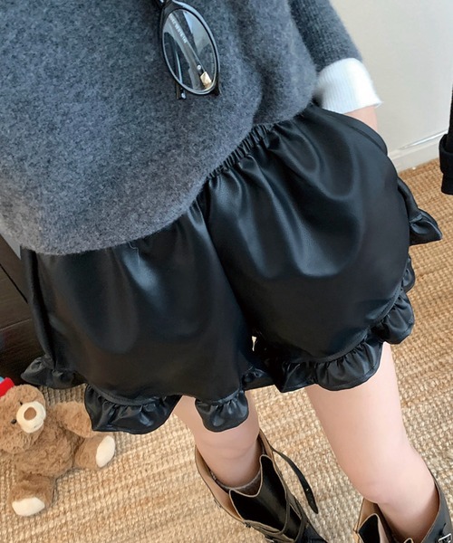 セール】ハイウエスト フリル フェイクレザー ショートパンツ（その他