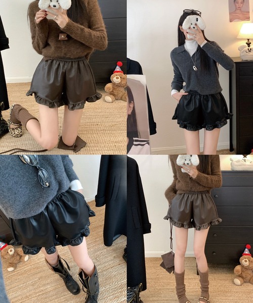 セール】ハイウエスト フリル フェイクレザー ショートパンツ（その他