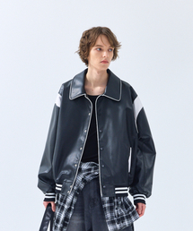 STANDARDERROR（スタンダードエラー）の「87-STAN008 [リニューアル] パイピングカラー バーシティ レザー ジャケット ブラック（スタジャン）」