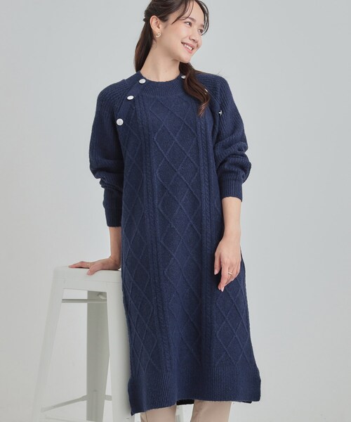 セール】【着丈選べる】ケーブル柄 ミックスニットワンピース