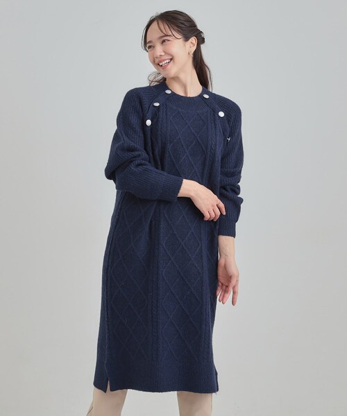 セール】【着丈選べる】ケーブル柄 ミックスニットワンピース