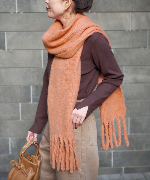 B.C STOCK(ベーセーストック)の「ラッセルニットマフラー(マフラー・レディース・サファリグリーン/チャコールグレー/ブルー/ベージュ/ピンク/ホワイト・FREE)」の1枚目の写真