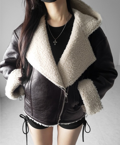 【 ２color 】ヴィンテージレザーフーディボアムートンジャケット ／ vintage leather hoodie boa mouton jacket