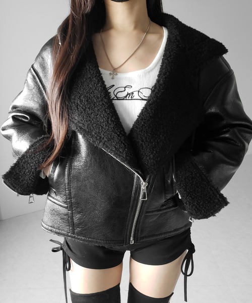 me+em select（ミームセレクト）の「【 ２color 】ヴィンテージレザーフーディボアムートンジャケット ／ vintage leather hoodie boa mouton jacket　※※（ムートンコート・レディース・ブラウン/ブラック・FREE）」の2枚目の写真