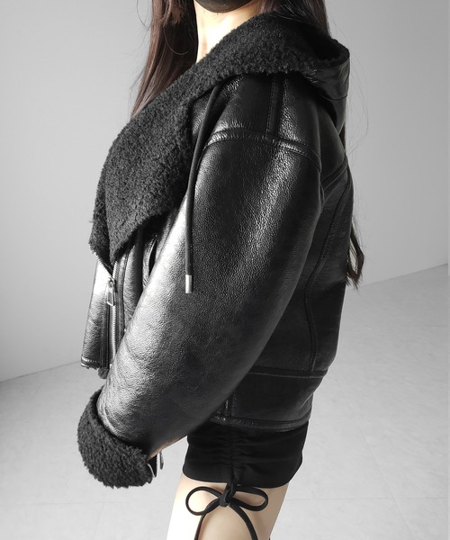 me+em select（ミームセレクト）の「【 ２color 】ヴィンテージレザーフーディボアムートンジャケット ／ vintage leather hoodie boa mouton jacket　※※（ムートンコート・レディース・ブラウン/ブラック・FREE）」の14枚目の写真
