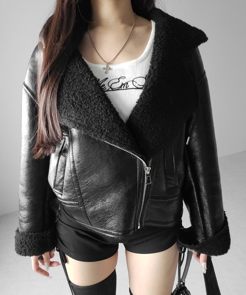 me+em select（ミームセレクト）の「【 ２color 】ヴィンテージレザーフーディボアムートンジャケット ／ vintage leather hoodie boa mouton jacket　※※（ムートンコート・レディース・ブラウン/ブラック・FREE）」の15枚目の写真