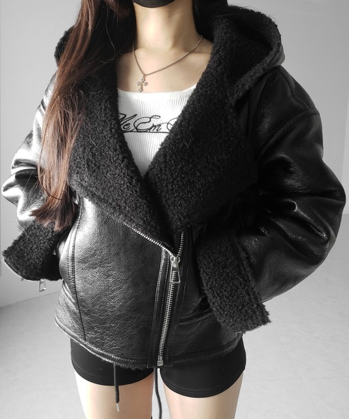 me+em select（ミームセレクト）の「【 ２color 】ヴィンテージレザーフーディボアムートンジャケット ／ vintage leather hoodie boa mouton jacket　※※（ムートンコート・レディース・ブラウン/ブラック・FREE）」の19枚目の写真