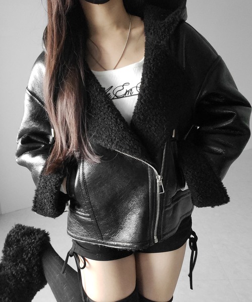 me+em select（ミームセレクト）の「【 ２color 】ヴィンテージレザーフーディボアムートンジャケット ／ vintage leather hoodie boa mouton jacket　※※（ムートンコート・レディース・ブラウン/ブラック・FREE）」の18枚目の写真