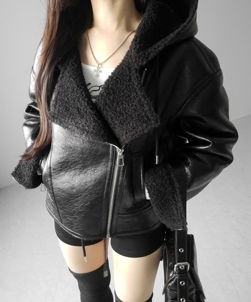 me+em select（ミームセレクト）の「【 ２color 】ヴィンテージレザーフーディボアムートンジャケット ／ vintage leather hoodie boa mouton jacket　※※（ムートンコート・レディース・ブラウン/ブラック・FREE）」の8枚目の写真