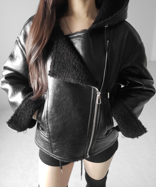 me+em select（ミームセレクト）の「【 ２color 】ヴィンテージレザーフーディボアムートンジャケット ／ vintage leather hoodie boa mouton jacket　※※（ムートンコート・レディース・ブラウン/ブラック・FREE）」の9枚目の写真