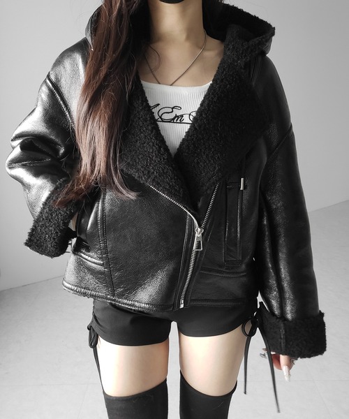 me+em select（ミームセレクト）の「【 ２color 】ヴィンテージレザーフーディボアムートンジャケット ／ vintage leather hoodie boa mouton jacket　※※（ムートンコート・レディース・ブラウン/ブラック・FREE）」の10枚目の写真