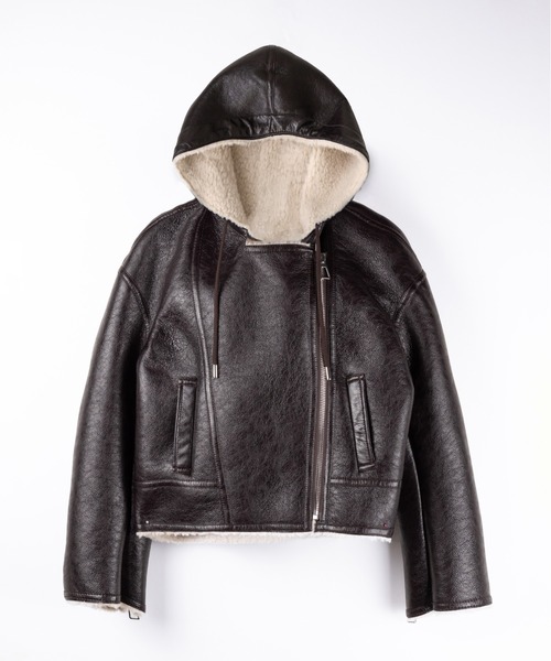 me+em select（ミームセレクト）の「【 ２color 】ヴィンテージレザーフーディボアムートンジャケット ／ vintage leather hoodie boa mouton jacket　※※（ムートンコート・レディース・ブラウン/ブラック・FREE）」の11枚目の写真