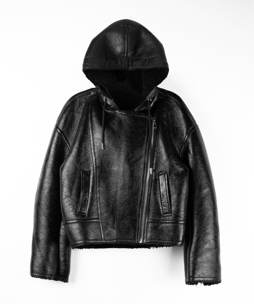me+em select（ミームセレクト）の「【 ２color 】ヴィンテージレザーフーディボアムートンジャケット ／ vintage leather hoodie boa mouton jacket　※※（ムートンコート・レディース・ブラウン/ブラック・FREE）」の12枚目の写真