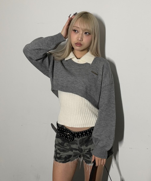 lilful(リルフル)の「【2点セット】シルバーワンポイント レイヤード ヘンリーネック ポロ襟ニットトップス(ニット/セーター・レディース・ブラック/グレー・S/M)」の7枚目の写真