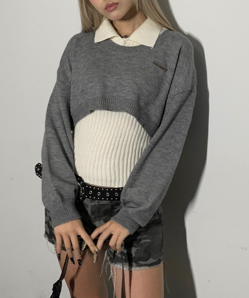 lilful(リルフル)の「【2点セット】シルバーワンポイント レイヤード ヘンリーネック ポロ襟ニットトップス(ニット/セーター・レディース・ブラック/グレー・S/M)」の16枚目の写真