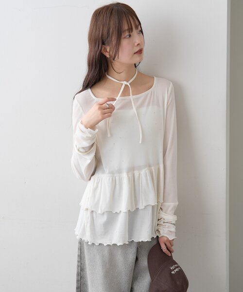 mystic（ミスティック）の「【レイヤードスタイルに◎】《IVO / レース / ラインストーン》ドットティアードプルオーバー（Tシャツ/カットソー・レディース・ホワイト/オフホワイト/ブラック/アイボリー・FREE）」の12枚目の写真