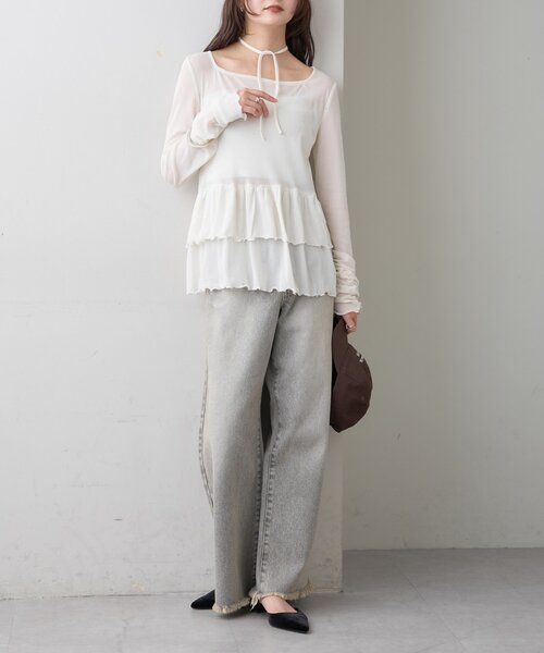 【レイヤードスタイルに◎】《IVO / レース / ラインストーン》ドットティアードプルオーバー（Tシャツ/カットソー）｜mystic（ミスティック）