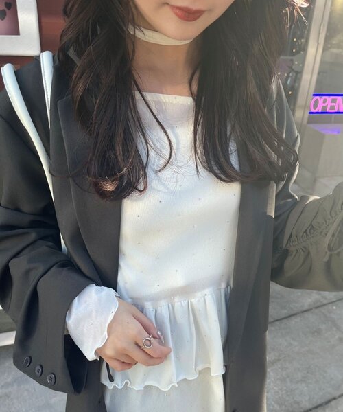 【レイヤードスタイルに◎】《IVO / レース / ラインストーン》ドットティアードプルオーバー（Tシャツ/カットソー）｜mystic（ミスティック）