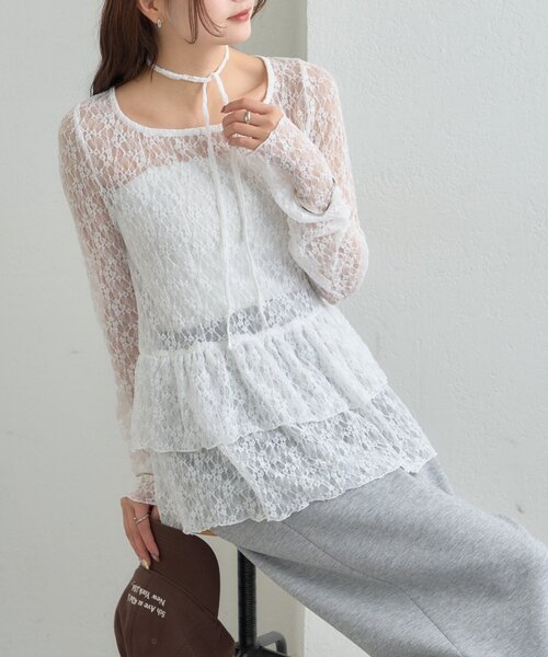 【レイヤードスタイルに◎】《IVO / レース / ラインストーン》ドットティアードプルオーバー（Tシャツ/カットソー）｜mystic（ミスティック）