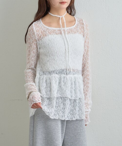 【レイヤードスタイルに◎】《IVO / レース / ラインストーン》ドットティアードプルオーバー（Tシャツ/カットソー）｜mystic（ミスティック）