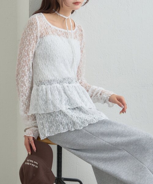 【レイヤードスタイルに◎】《IVO / レース / ラインストーン》ドットティアードプルオーバー（Tシャツ/カットソー）｜mystic（ミスティック）