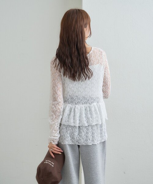 【レイヤードスタイルに◎】《IVO / レース / ラインストーン》ドットティアードプルオーバー（Tシャツ/カットソー）｜mystic（ミスティック）