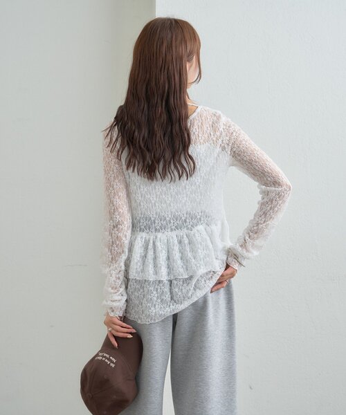 【レイヤードスタイルに◎】《IVO / レース / ラインストーン》ドットティアードプルオーバー（Tシャツ/カットソー）｜mystic（ミスティック）