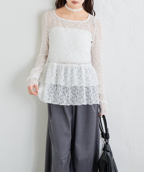 【レイヤードスタイルに◎】《IVO / レース / ラインストーン》ドットティアードプルオーバー（Tシャツ/カットソー）｜mystic（ミスティック）