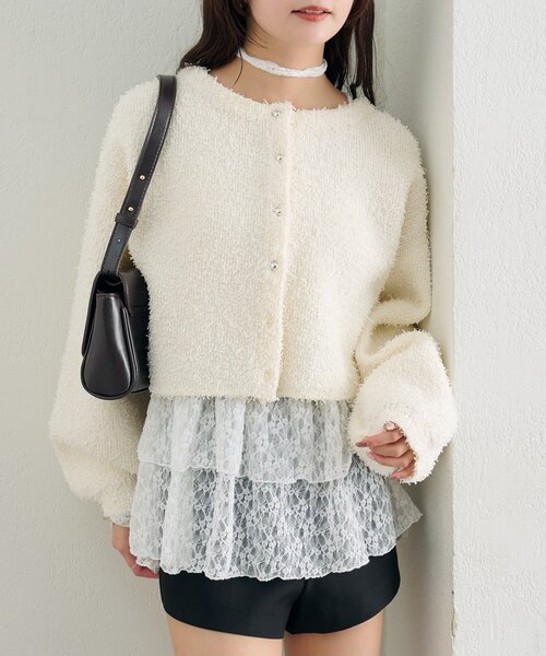 【レイヤードスタイルに◎】《IVO / レース / ラインストーン》ドットティアードプルオーバー（Tシャツ/カットソー）｜mystic（ミスティック）